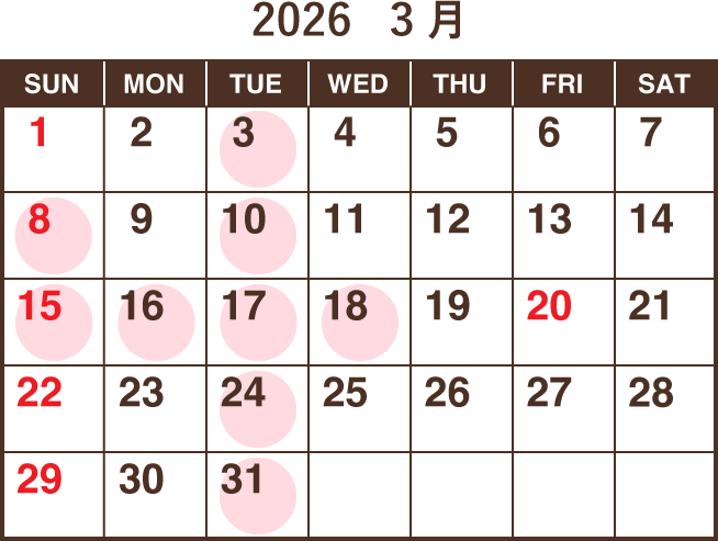 3月の定休日カレンダー